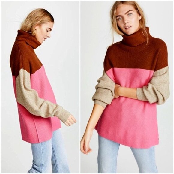 𝅺Free People Pink & Brown Oversized Colorblock Turtleneck Sweater / Pullover - Picture 3 of 13